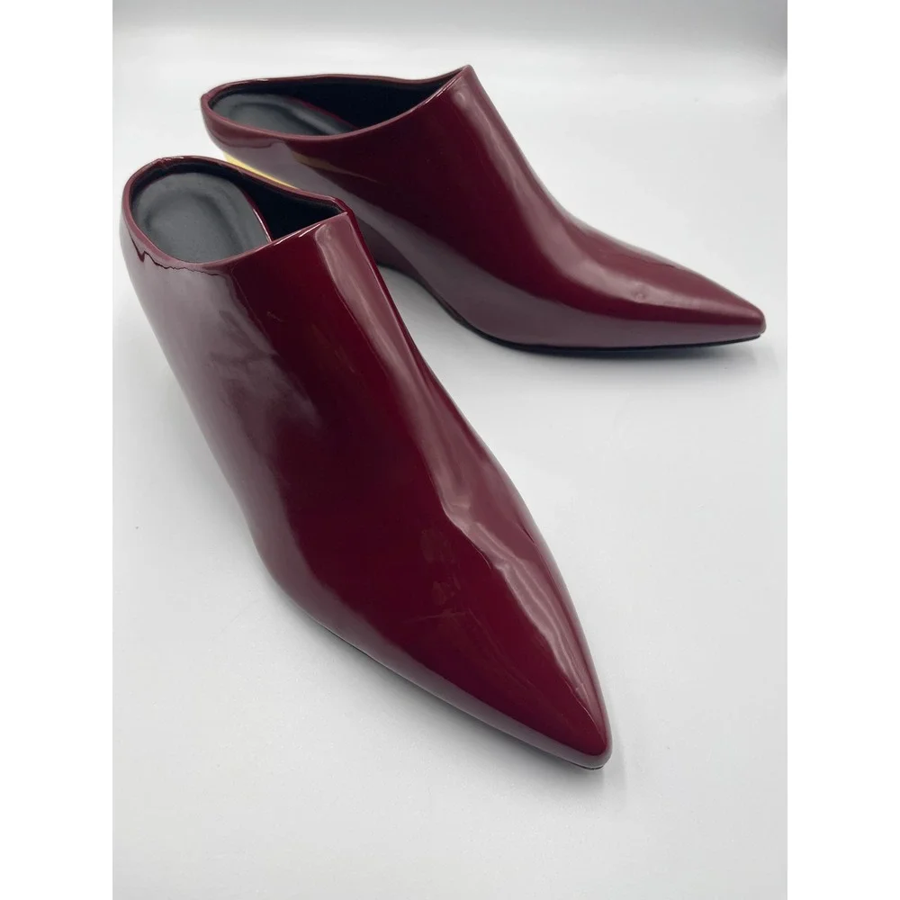 Burgundy Patent Pointed Toe Mule Wedge Heels Gold Accent Womens Size 11 EU42